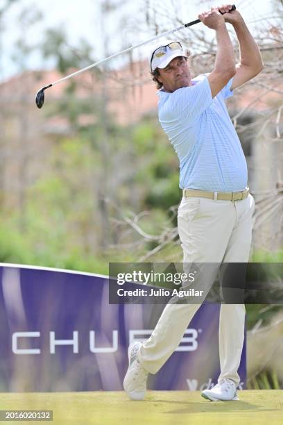 Stephen Ames of Canada plays his shot on the 13th tee during the first round of the Chubb Classic at Tiburon Golf Club on February 16, 2024 in...