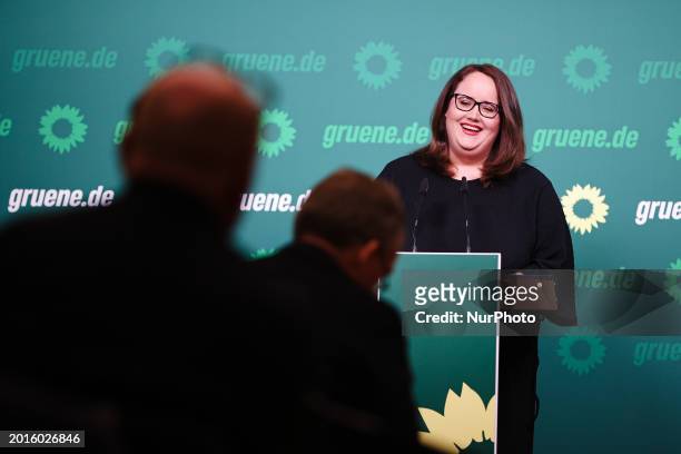 Ricarda Lang, Federal Chairman of the Green Party/Bundnis 90/Die Grunen, is speaking during a press conference after the weekly Federal Executive...