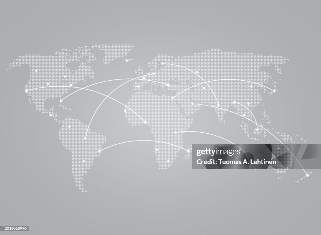 White world map made of small triangles on gray background with curving lines or flight paths connecting white dots as cities.