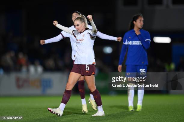 Alex Greenwood of Manchester City celebrates victory on the final whistle during the Barclays Women's Super League match between Chelsea FC and...