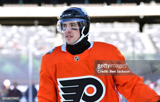 Morgan Frost of the Philadelphia Flyers skates during practice at MetLife Stadium on February 16, 2024 in East Rutherford, New Jersey.