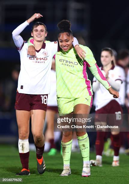 Kerstin Casparij and Khiara Keating of Manchester City celebrate at full time during the Barclays Women´s Super League match between Chelsea FC and...