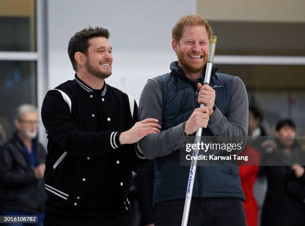 Michael Bublé and Prince Harry, Duke of Sussex attend the Invictus Games One Year To Go Winter Training Camp at Hillcrest Community Centre on...