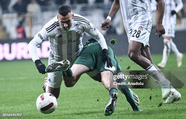 Onur Bulut of Besiktas in action against Valon Ethemi of TUMOSAN Konyaspor during the Turkish Super Lig week 26 football match between Besiktas and...