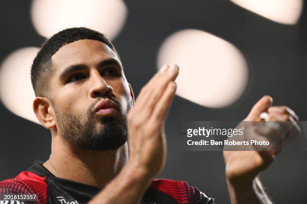Kallum Watkins of Salford Red Devils applauds the away fans after during the Betfred Super League match between Leeds Rhinos and Salford Red Devils...