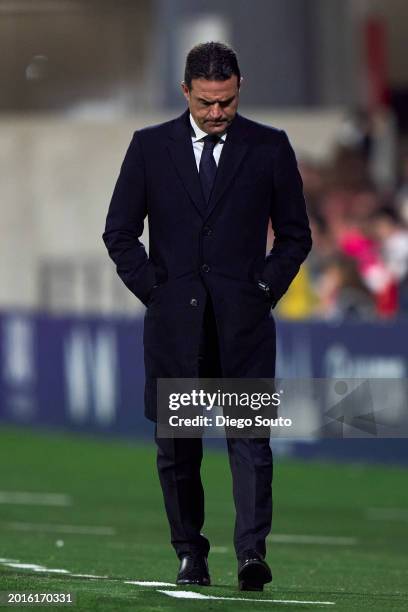 Alberto Toril, head coach of Real Madrid reacts during Liga F match between Atletico de Madrid and Real Madrid at Wanda Sport Centre on February 14,...