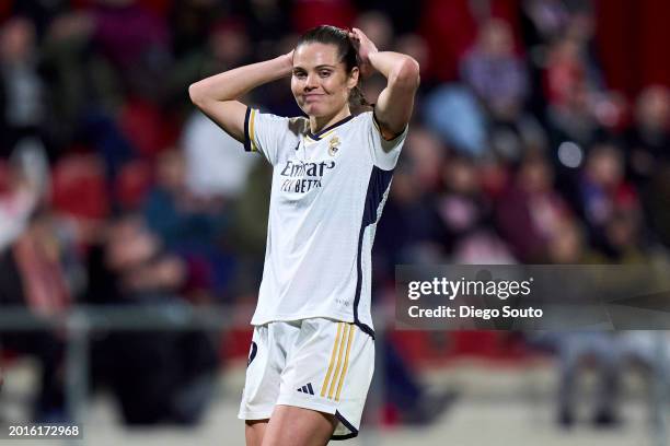 Signe Bruun of Real Madrid reacts to a missed chance during Liga F match between Atletico de Madrid and Real Madrid at Wanda Sport Centre on February...