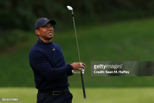 Tiger Woods of the United States tees off the 6th tee during the second round of The Genesis Invitational at Riviera Country Club on February 16,...