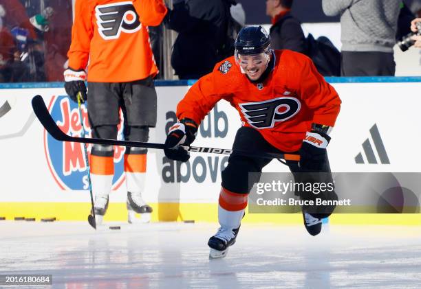 Cam Atkinson of the Philadelphia Flyers practices prior to the Stadium Series game at MetLife Stadium on February 16, 2024 in East Rutherford, New...