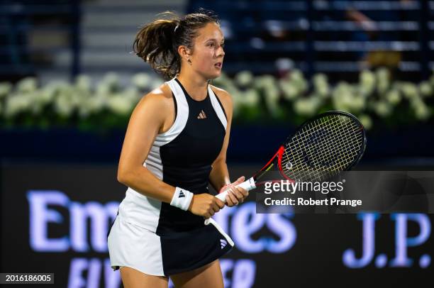 Daria Kasatkina in action against Lucia Bronzetti of Italy in the first round on Day 2 of the Dubai Duty Free Tennis Championships, part of the...