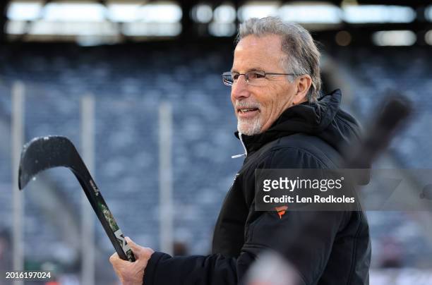 Head Coach John Tortorella of the Philadelphia Flyers looks during practice at MetLife Stadium on February 16, 2024 in East Rutherford, New Jersey.