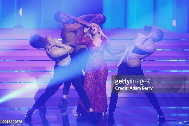 Marie Reim performs as German Candidates compete for "Eurovision Song Contest – Das Deutsche Finale 2024" show at Studio Berlin Adlershof on February...