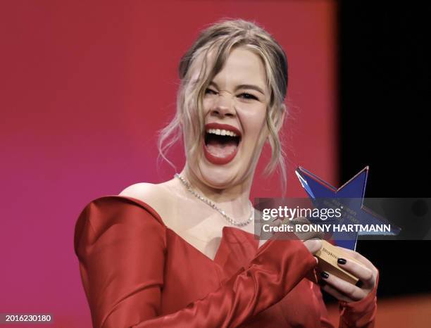 Bulgarian actress Margarita Stoykova celebrate with her award during the presentation of the European Shooting Stars at the 74th Berlinale, on...