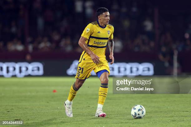 Ezequiel Fernandez of Boca Juniors plays the ball during a Copa de la Liga 2024 group B match between Lanus and Boca Juniors at Estadio Ciudad de...