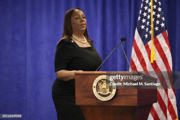 Attorney General Letitia James arrives for a press conference following a verdict against former U.S. President Donald Trump in a civil fraud trial...