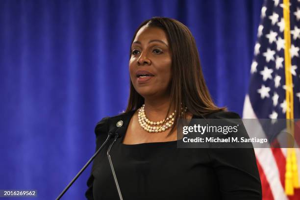 Attorney General Letitia James speaks during a press conference following a verdict against former U.S. President Donald Trump in a civil fraud trial...