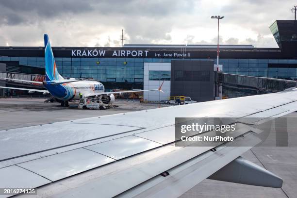 Fly Dubai aircraft is seen on Krakow Airport in Poland on February 13, 2024.