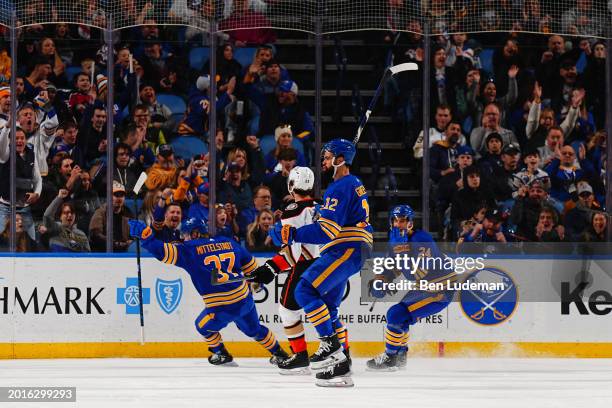 Jordan Greenway of the Buffalo Sabres celebrates after a goal during the first period against the Anaheim Ducks during an NHL game on February 19,...