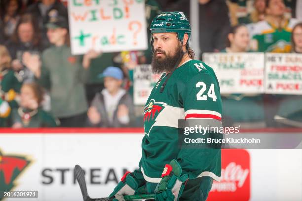 Zach Bogosian of the Minnesota Wild warms up prior to the game against the Vancouver Canucks at the Xcel Energy Center on February 19, 2024 in Saint...