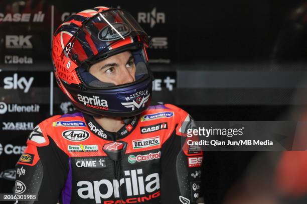 Maverick Vinales of Spain and Aprilia Racing in the garage during the Qatar MotoGP Official Test at Losail Circuit on February 19, 2024 in Doha,...