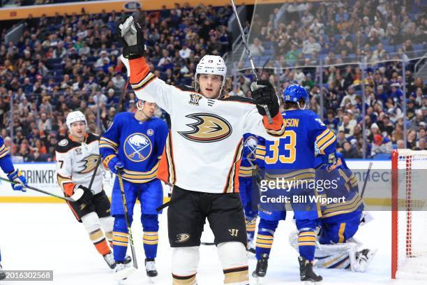 Troy Terry of the Anaheim Ducks celebrates his second period goal against Ukko-Pekka Luukkonen of the Buffalo Sabres during an NHL game on February...