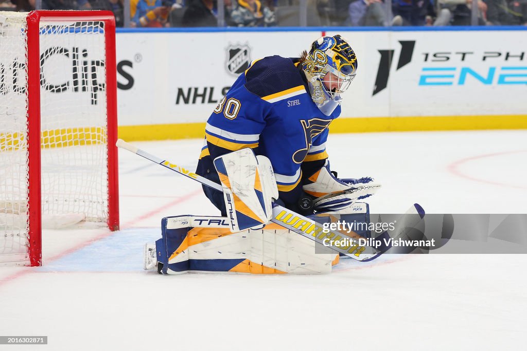 Joel Rabel Toronto Joel Hofer of the St. Louis Blues makes a save against the Toronto ...