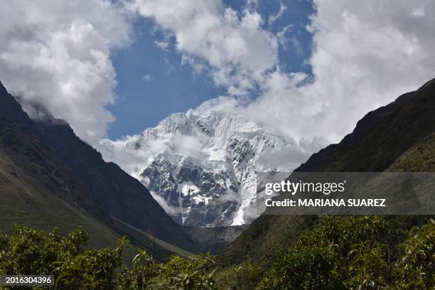 Partial view of the snow-capped Mount Salkantay, in the Vilcabamba mountain range, part of the Peruvian Andes, near Mollepata about 60 km northwest...