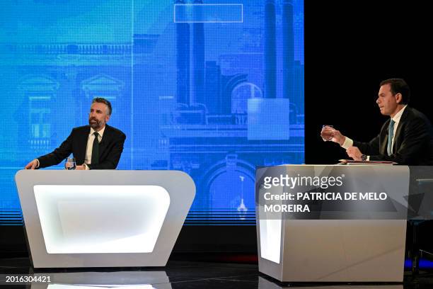 Socialist party leader Pedro Nuno Santos and Democratic Alliance party leader Luis Montenegro look on moments before taking part in a tv debate,...