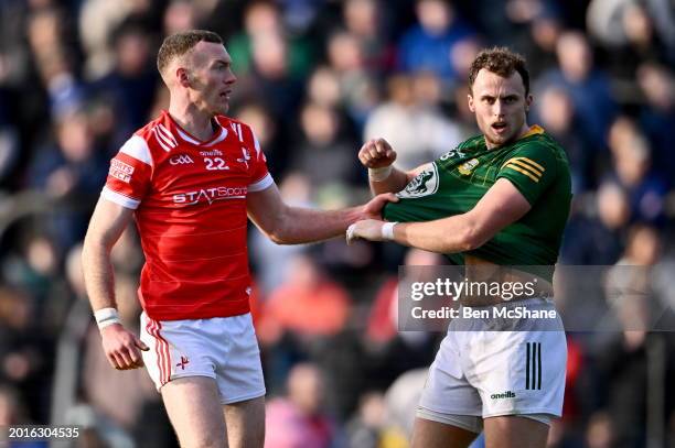 Meath , Ireland - 18 February 2024; Wayne Campbell of Louth and Ronan Jones of Meath tussle during the Allianz Football League Division 2 match...