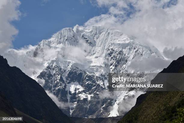 Partial view of the snow-capped Mount Salkantay, in the Vilcabamba mountain range, part of the Peruvian Andes, near Mollepata about 60 km northwest...