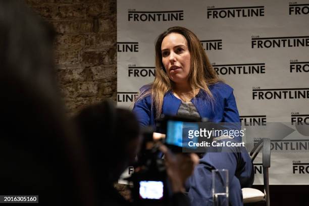 Stella Assange, human-rights activist and wife of Julian Assange, speaks during an event at the Frontline Cub to discuss Julian's situation ahead of...