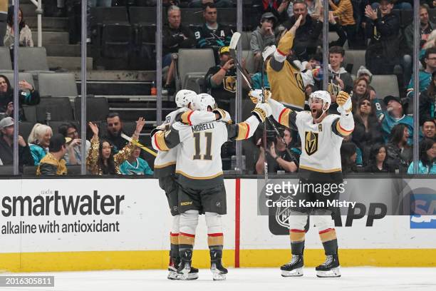 Mason Morelli of the Vegas Golden Knights celebrates scoring his first NHL goal against the San Jose Sharks in the first period at SAP Center on...