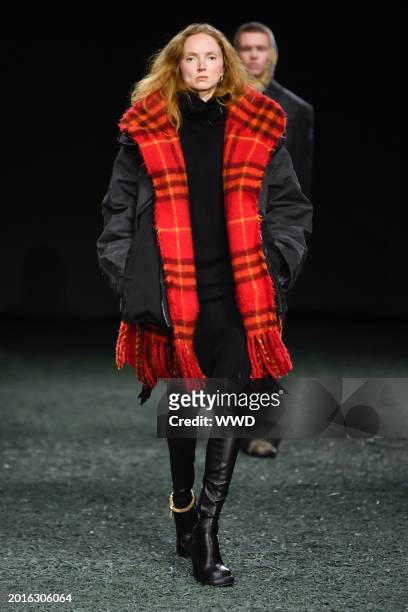 Model on the runway at Burberry RTW Fall 2024 as part of London Ready to Wear Fashion Week held at Victoria Park on February 19, 2024 in London,...