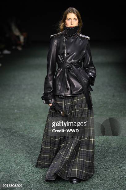 Model on the runway at Burberry RTW Fall 2024 as part of London Ready to Wear Fashion Week held at Victoria Park on February 19, 2024 in London,...