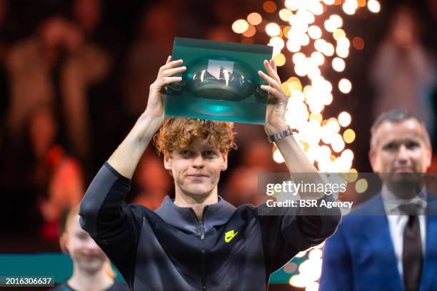 Jannik Sinner of Italy is seen with his trophy during Day 7 of the ABN AMRO Open 2024 at Ahoy on February 18, 2024 in Rotterdam, Netherlands.