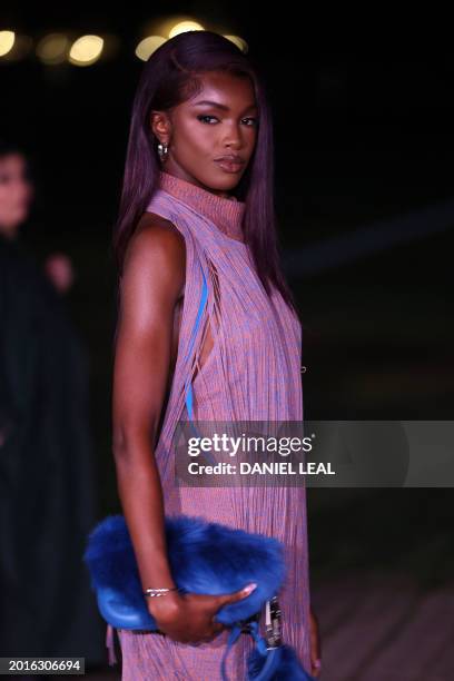 British model Leomie Anderson arrives to attend the catwalk presentation for British fashion house Burberry's Autumn/Winter 2024 collection, at...