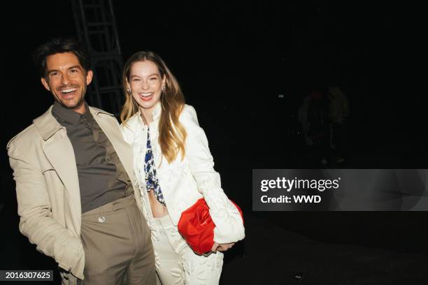 Jonathan Bailey and Hannah Dodd at Burberry RTW Fall 2024 as part of London Ready to Wear Fashion Week held at Victoria Park on February 19, 2024 in...