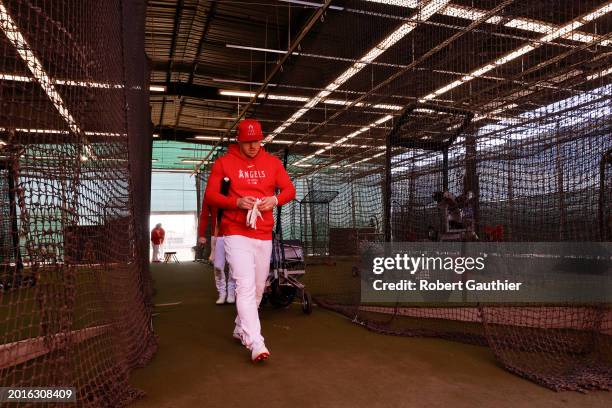 Tempe, Arizona, Monday, February 19, 2024 - Mike Trout exits the batting cage after a hitting session at Angels spring training camp at Tempe Diablo...