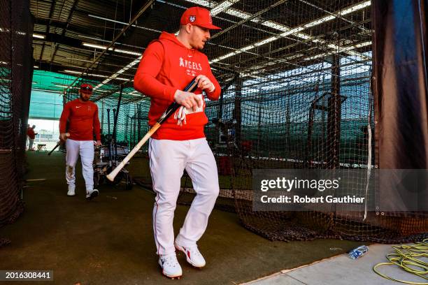 Tempe, Arizona, Monday, February 19, 2024 - Mike Trout exits the batting cage after a hitting session at Angels spring training camp at Tempe Diablo...