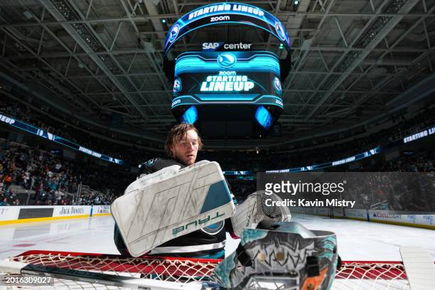 Mackenzie Blackwood of the San Jose Sharks takes the ice before the game against the Vegas Golden Knights at SAP Center on February 19, 2024 in San...