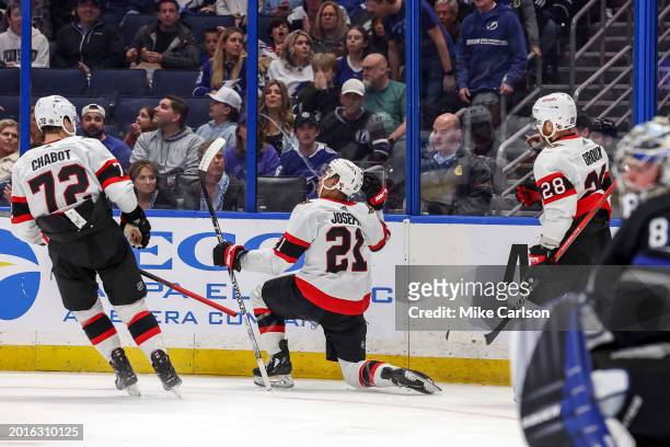 Mathieu Joseph of the Ottawa Senators celebrates his goal against the Tampa Bay Lightning during the first period of the game at the Amalie Arena on...