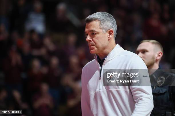 Head coach Tony Bennett of the Virginia Cavaliers at the end of the first half against the Virginia Tech Hokies at Cassell Coliseum on February 19,...