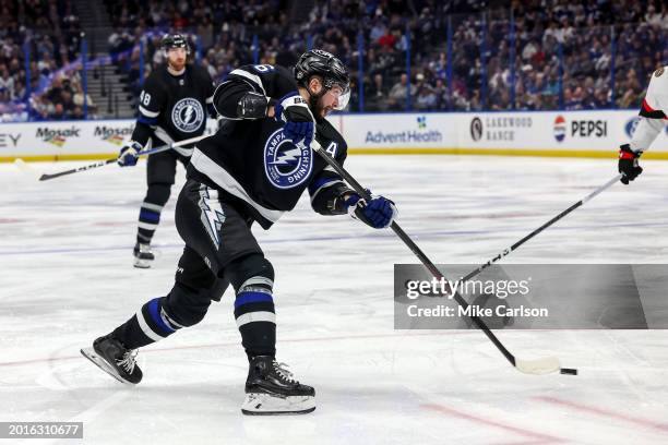 Nikita Kucherov of the Tampa Bay Lightning shoots against the Ottawa Senators during the second period of the game at the Amalie Arena on February...