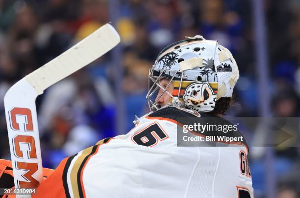 John Gibson of the Anaheim Ducks tends goal against the Buffalo Sabres during an NHL game on February 19, 2024 at KeyBank Center in Buffalo, New York.