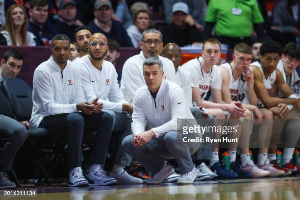 Head coach Tony Bennett of the Virginia Cavaliers looks on in the first half during a game against the Virginia Tech Hokies at Cassell Coliseum on...