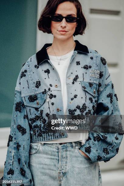 Street style at London RTW Fashion Week on February 19, 2024 in London, England.