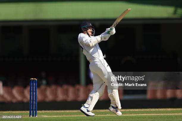 Nic Maddinson of Victoria his a six off Jackson Bird during the Sheffield Shield match between New South Wales and Victoria at SCG, on February 17 in...