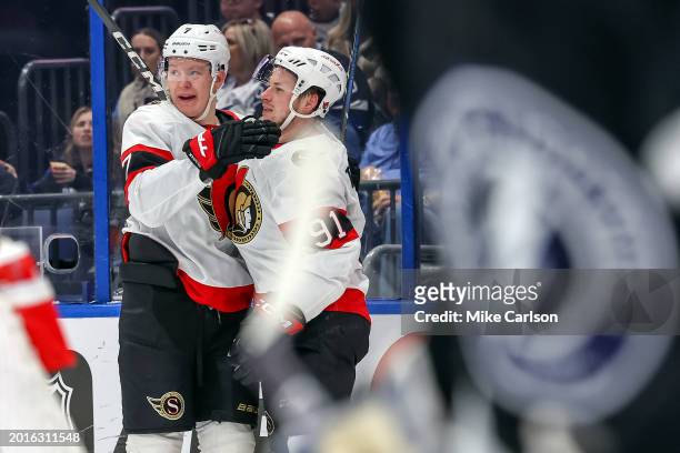 Vladimir Tarasenko of the Ottawa Senators celebrates his goal against the Tampa Bay Lightning with Brady Tkachuk during the third period of the game...