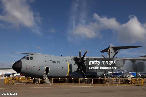 An Airbus SE A400M Atlas military transport aircraft during the Singapore Airshow in Singapore, on Tuesday, Feb. 20, 2024. Aircraft delivery delays,...