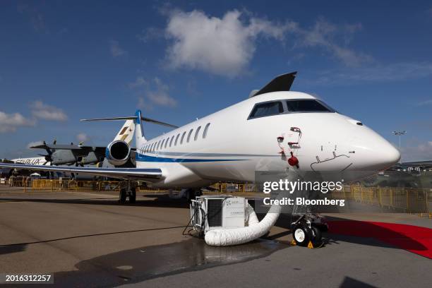 Bombardier Inc. Global 6500 business jet on display during the Singapore Airshow in Singapore, on Tuesday, Feb. 20, 2024. Aircraft delivery delays,...